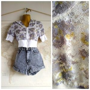 Y2K Cropped Floral Lace Zip Front Hoodie-Size M
